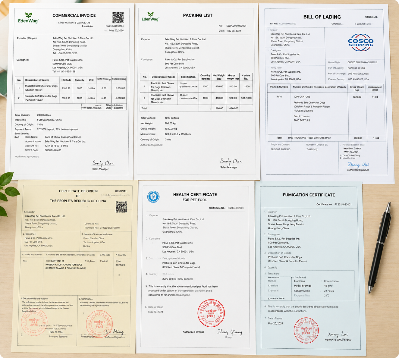 Commercial invoice packing list bill of lading health certificate and compliance documents