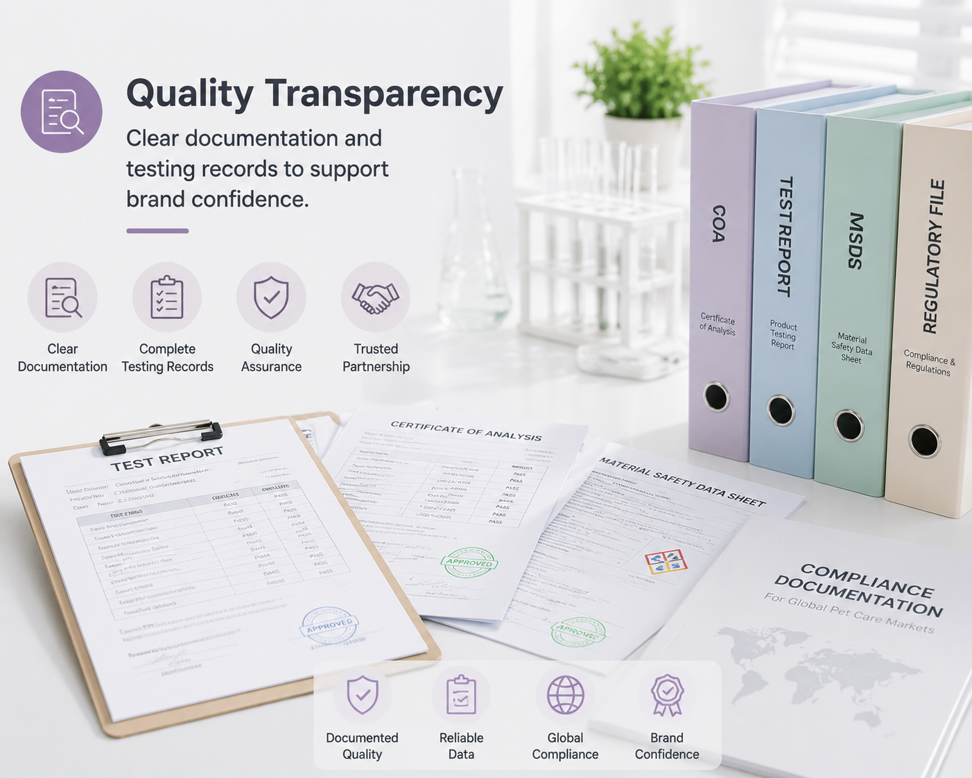 Clear quality documentation and testing records for pet care brands