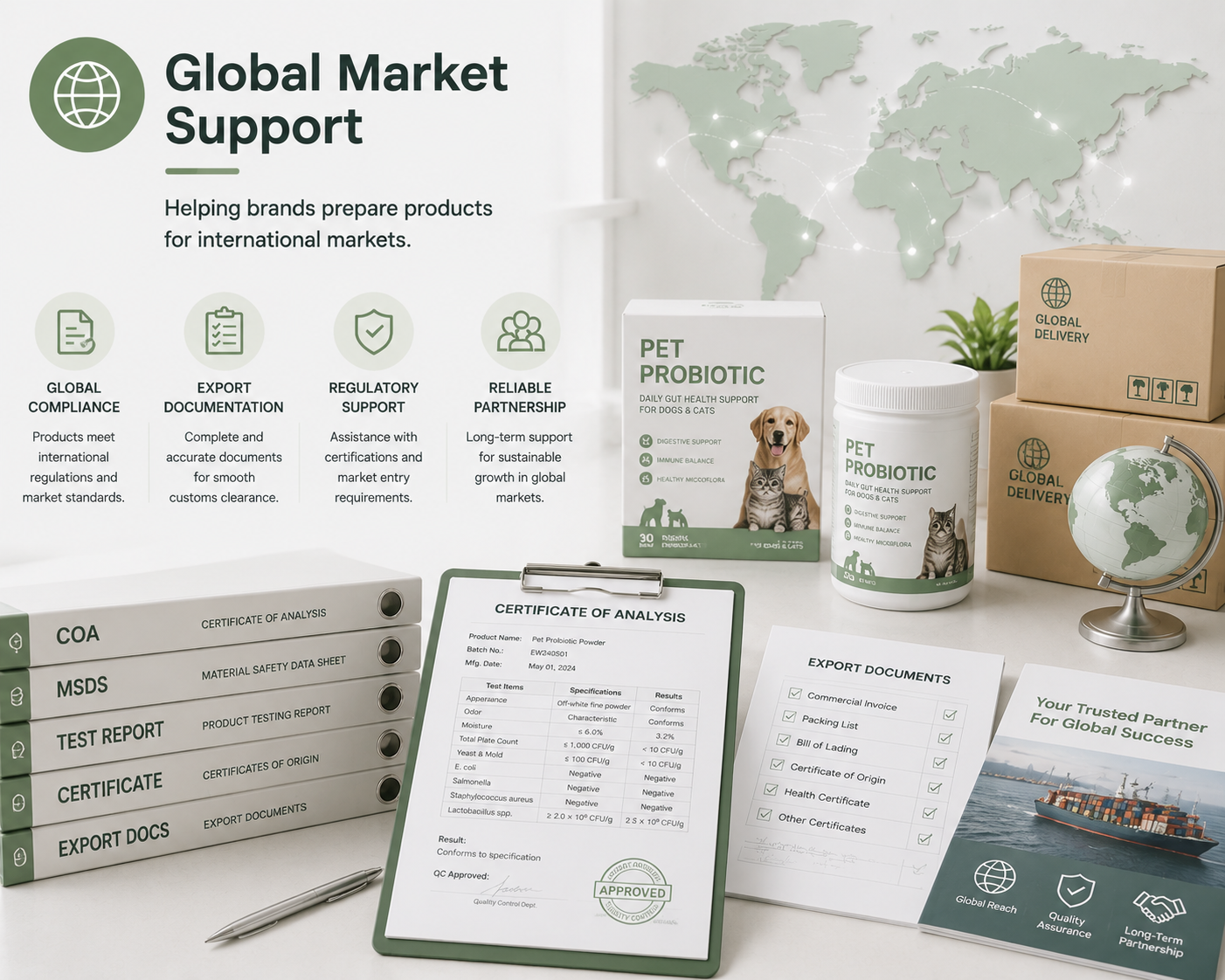 Compliance documentation and export support for international pet care markets