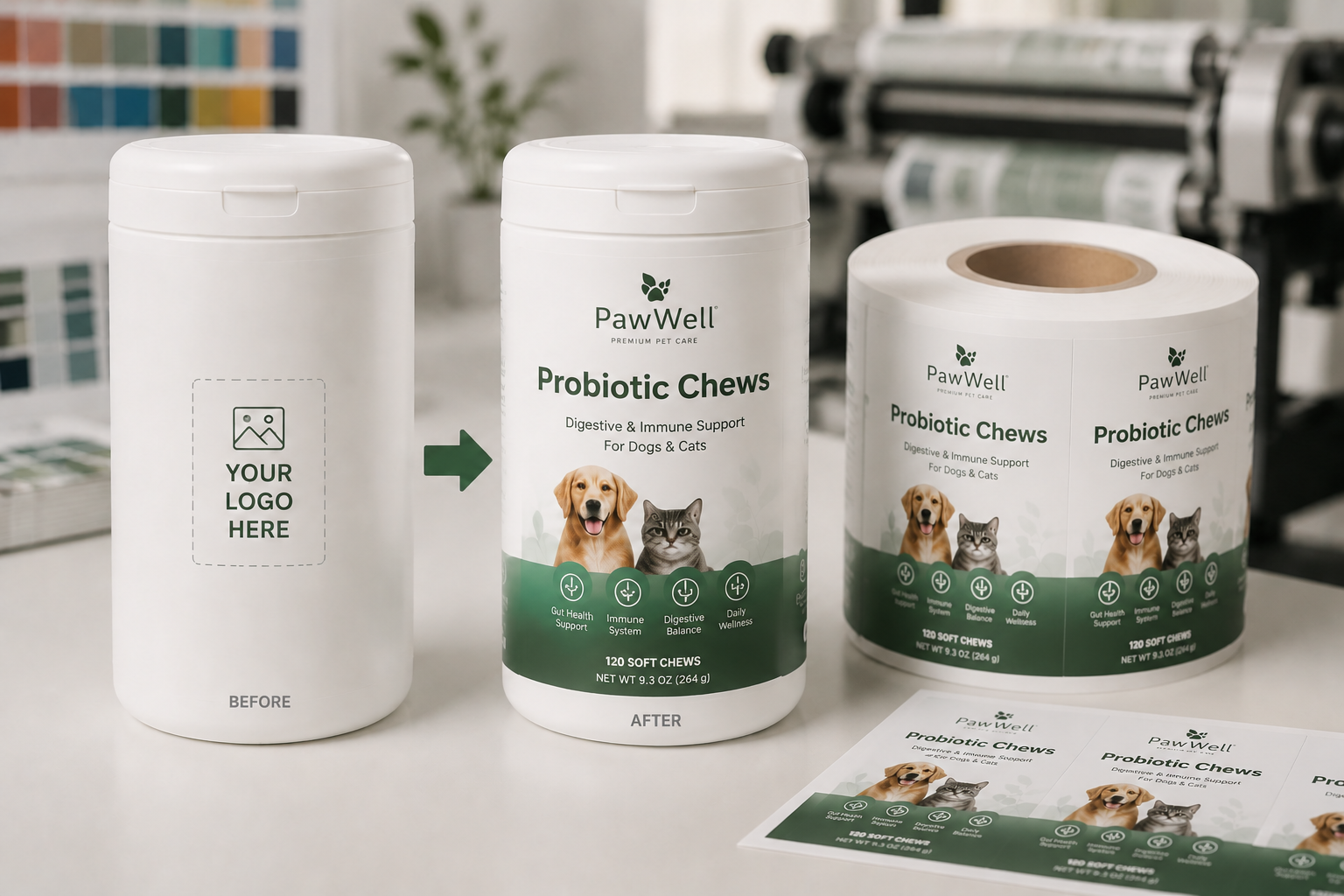 Custom pet product label design from blank packaging to finished branding
