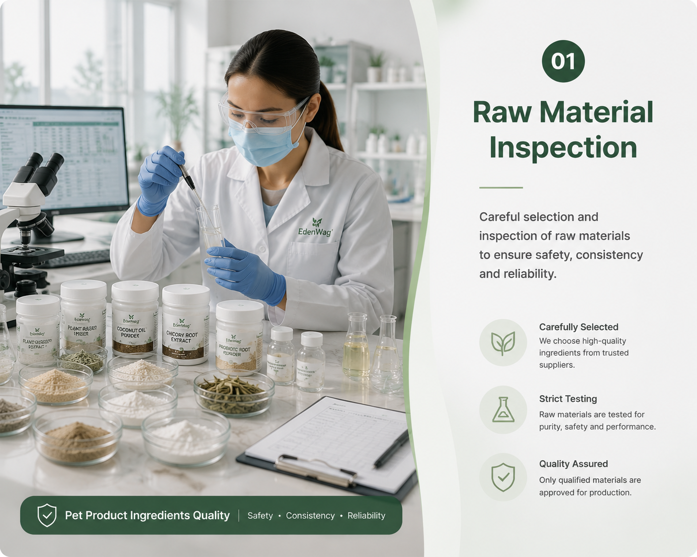 Raw material inspection and testing for pet care product ingredients