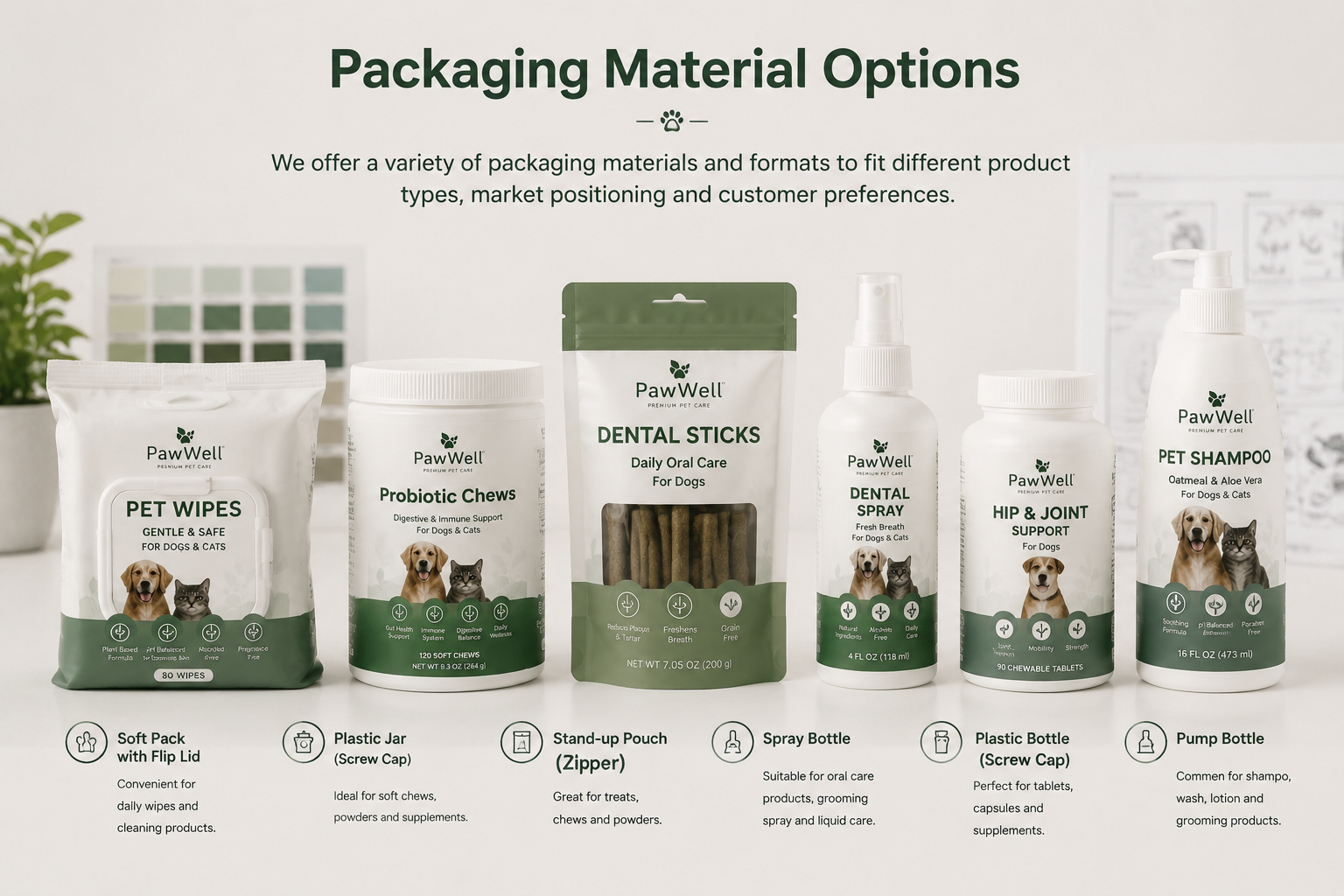 Packaging material and format options for pet care products