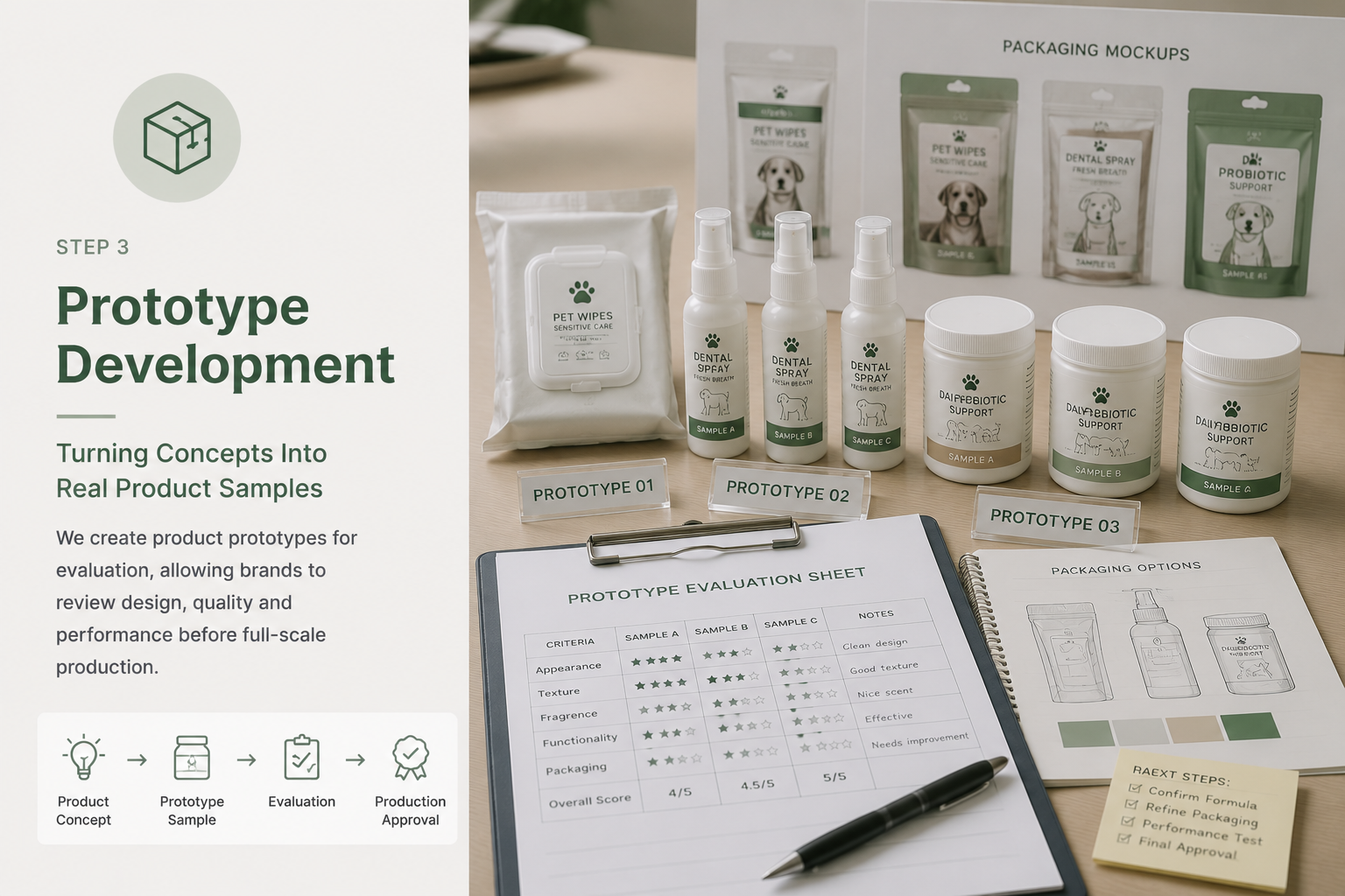 Pet care product prototypes and packaging mockups