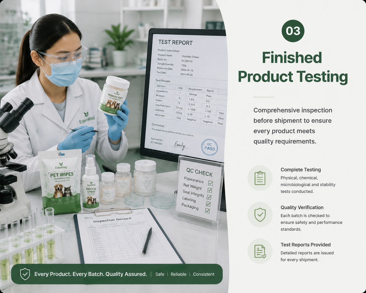 Finished pet care product testing and quality verification before shipment