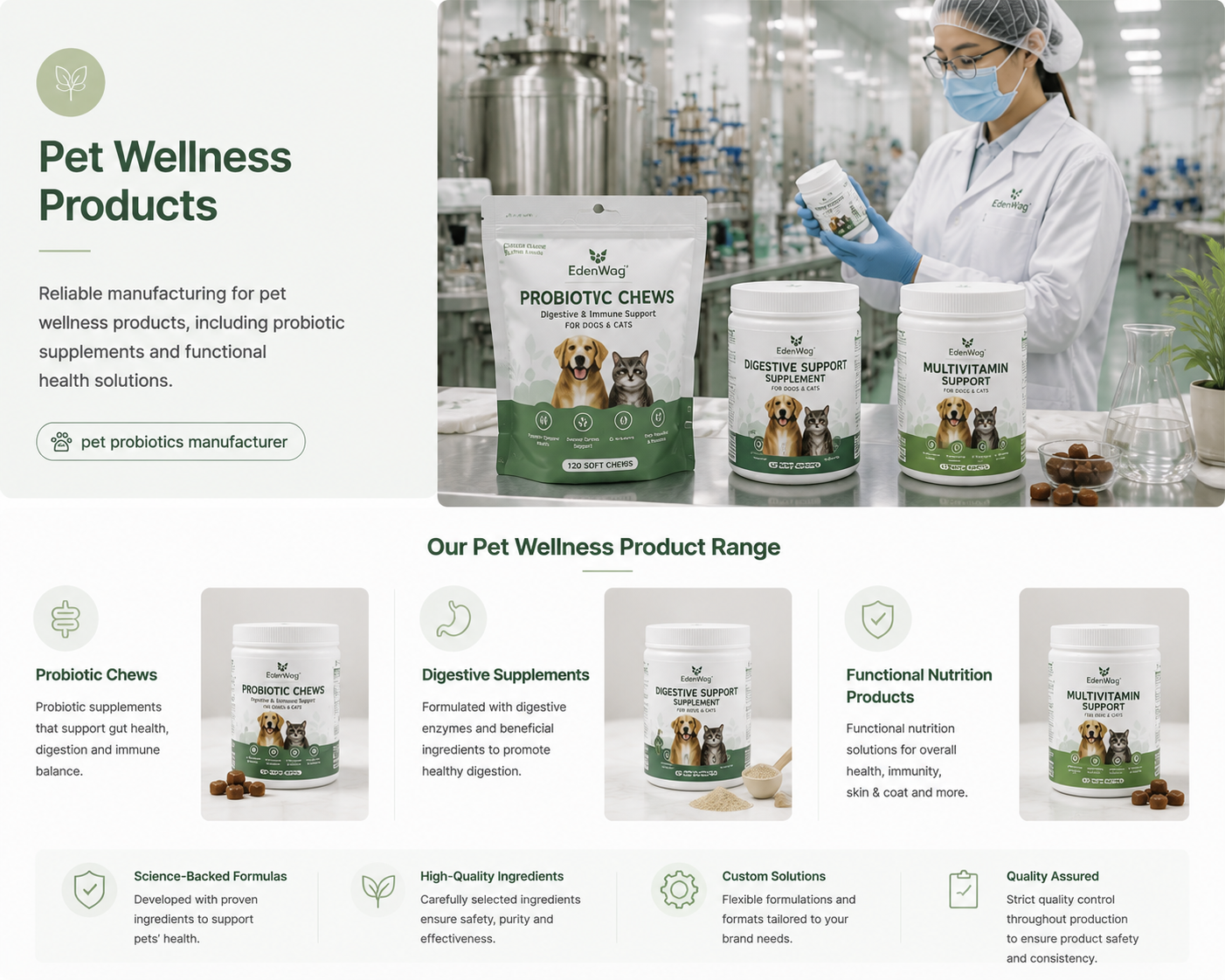 Manufacturing solutions and product range for pet wellness products